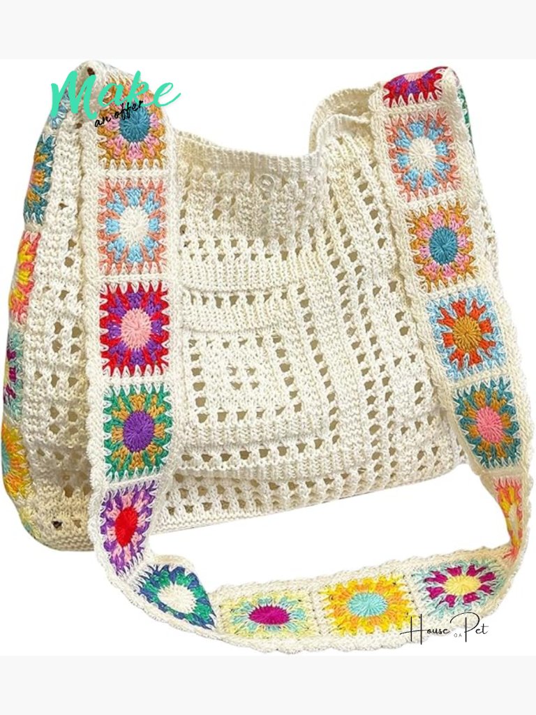 Boho Embroidery Crochet Knit Crossbody Bag Shoulder Tote Handbag